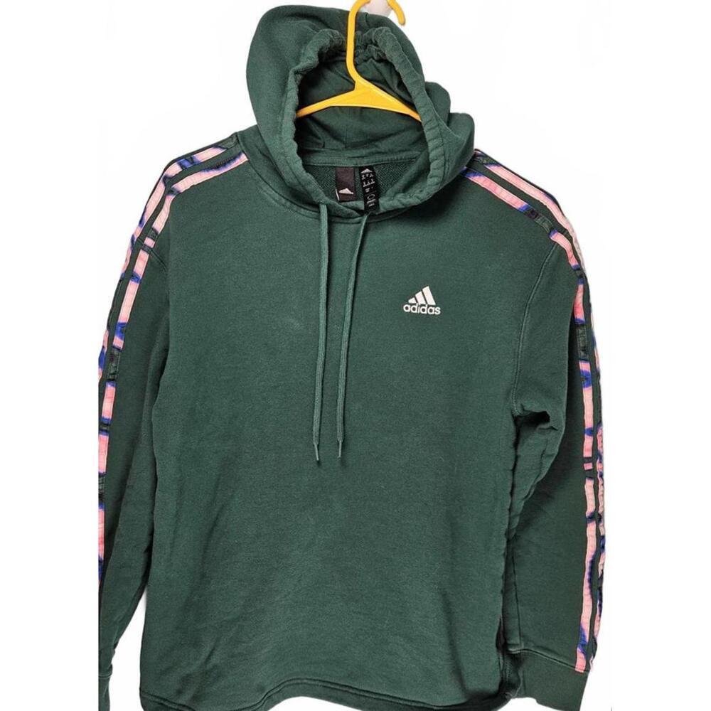 Adidas Women's Forest Green Hoodie with Pink Accent Stripes
